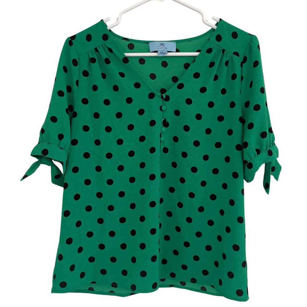 CeCe Green and Black Polka Dot Blouse Size Small